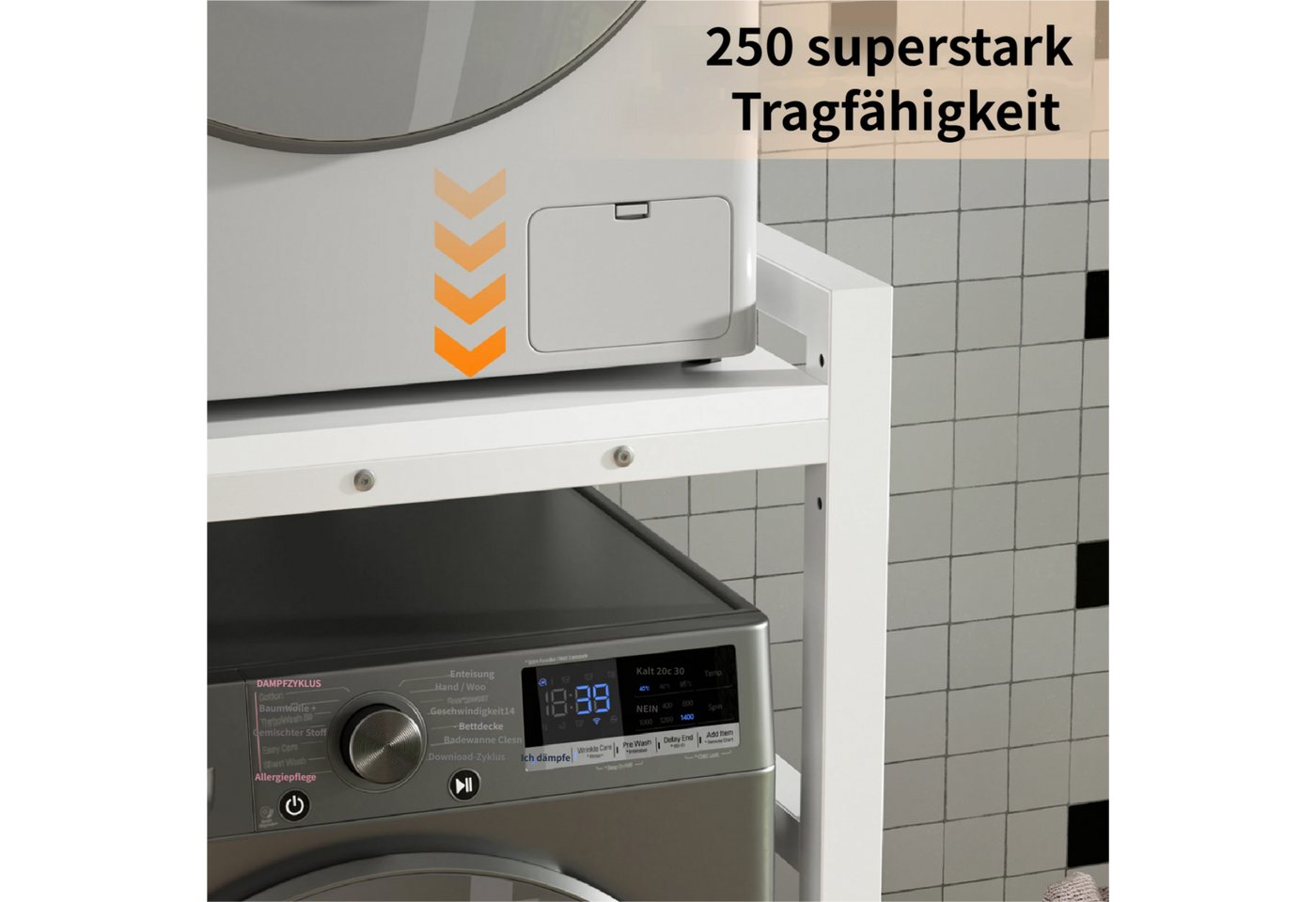 Rutaqian Waschmaschinenunterschrank für Waschmaschine & Wäschetrockner,bis 250kg, 73x63x105cm Weiß Höhenverstellbar Wäschetrocknerständer Regal über Waschmaschine Bild 5