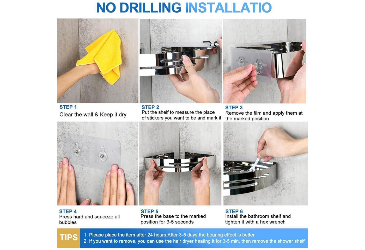 LuxusKollektion Duschablage Duschablage ohne Bohren Edelstahl Selbstklebend 4 Haken Silber 2 Stück Bild 3