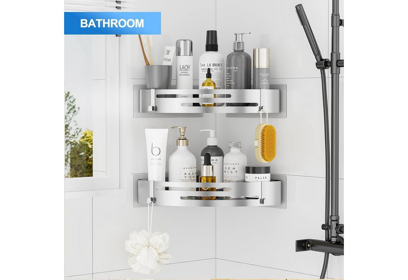 LuxusKollektion Duschablage Duschablage ohne Bohren Edelstahl Selbstklebend 4 Haken Silber 2 Stück Bild 4