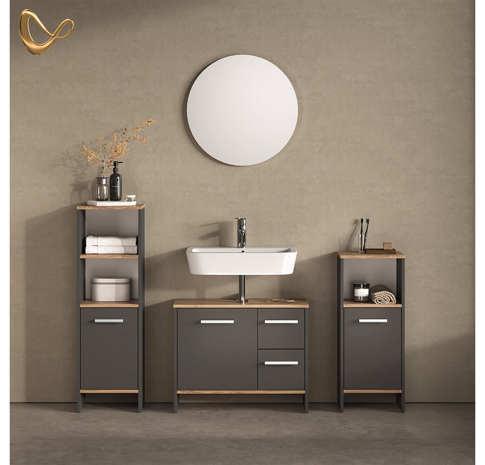Livinity® Badmöbel-Set Amalfi, Anthrazit/Goldkraft Eiche/Goldkraft Eiche, 3-teilig, (3-St)