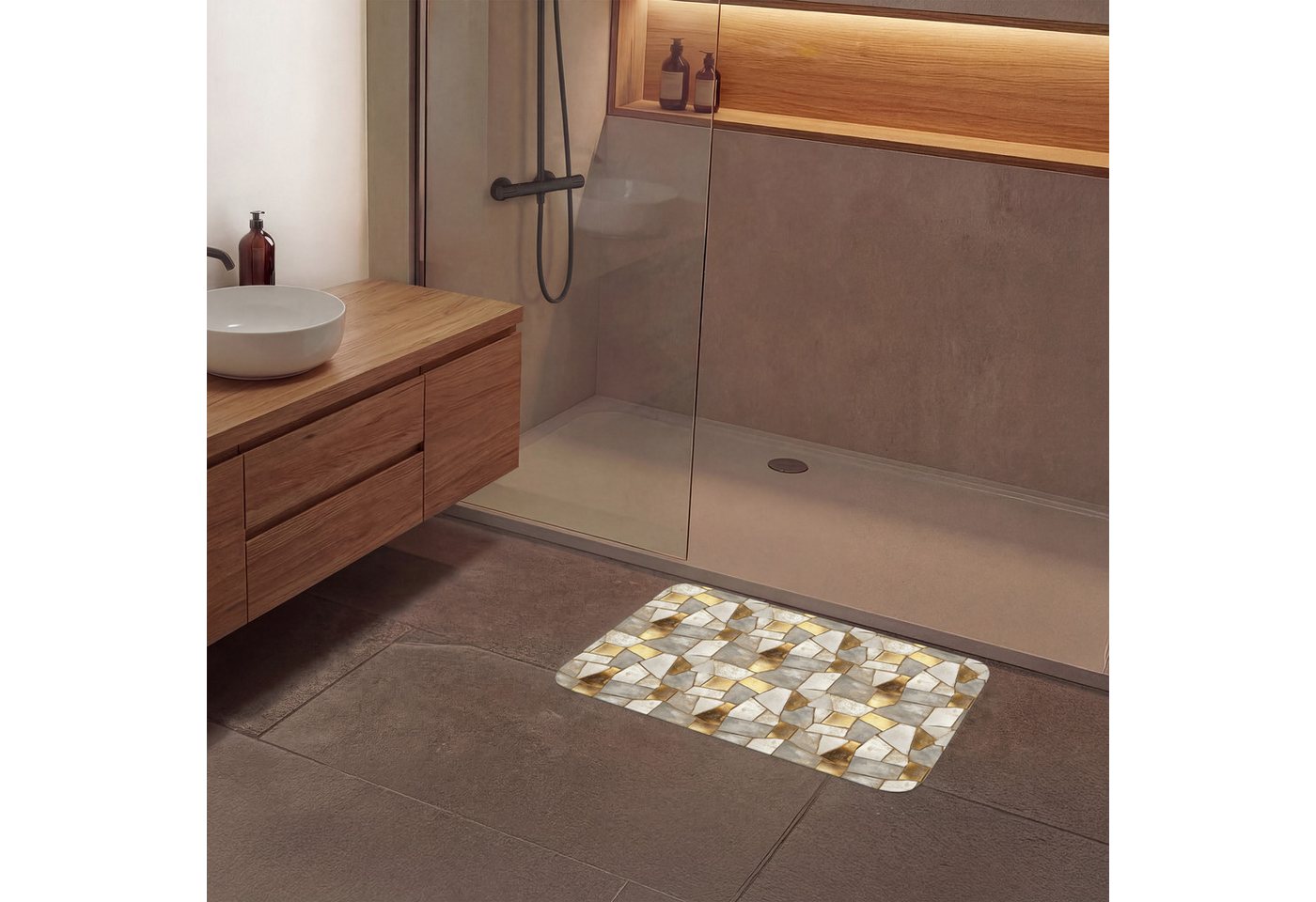 OnlyWow Badematte Mosaik - Marmor - Gold, Höhe 10 mm, Polyester, Rechteckig, Badezimmerteppich, Badteppich, Rutschfest, Duschvorleger, Duschmatte