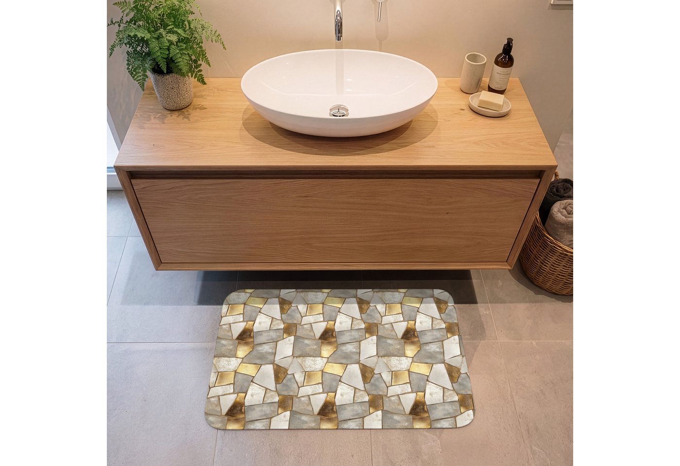 OnlyWow Badematte Mosaik - Marmor - Gold, Höhe 10 mm, Polyester, Rechteckig, Badezimmerteppich, Badteppich, Rutschfest, Duschvorleger, Duschmatte Bild 3