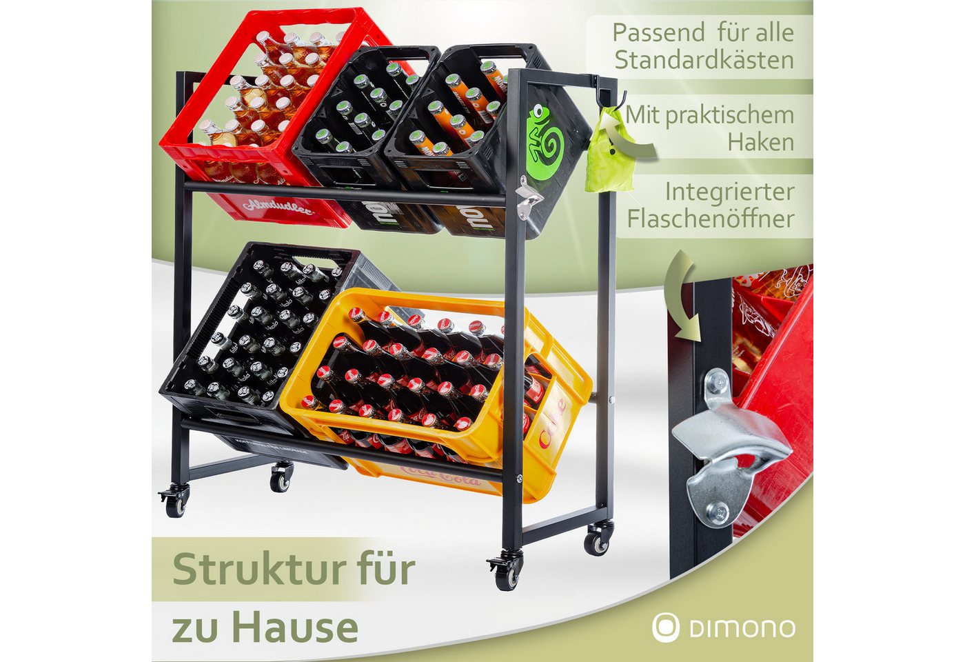 Dimono Flaschenregal Rollbares Getränkekistenregal aus Metall, Aufbewahrung für Bier, Wasser & Limonade Bild 3