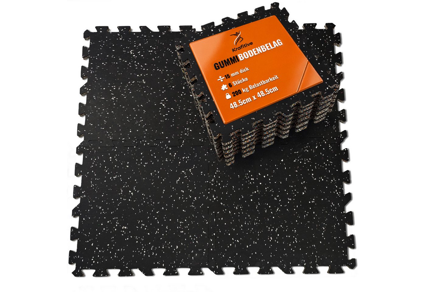 Krafitive Bodenschutzmatte Puzzlematte Fitness Sportboden Schwerlast Schallschutz, 6-St., 6er-Set, 15mm dickes Gummigranulat, bis 200kg belastbar & vibrationsdämpfend.