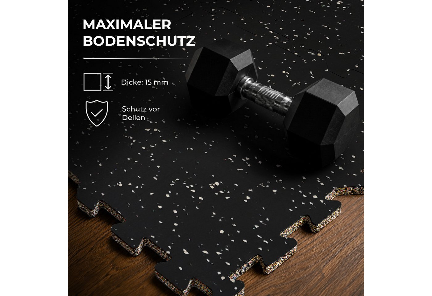 Krafitive Bodenschutzmatte Puzzlematte Fitness Sportboden Schwerlast Schallschutz, 6-St., 6er-Set, 15mm dickes Gummigranulat, bis 200kg belastbar & vibrationsdämpfend. Bild 2