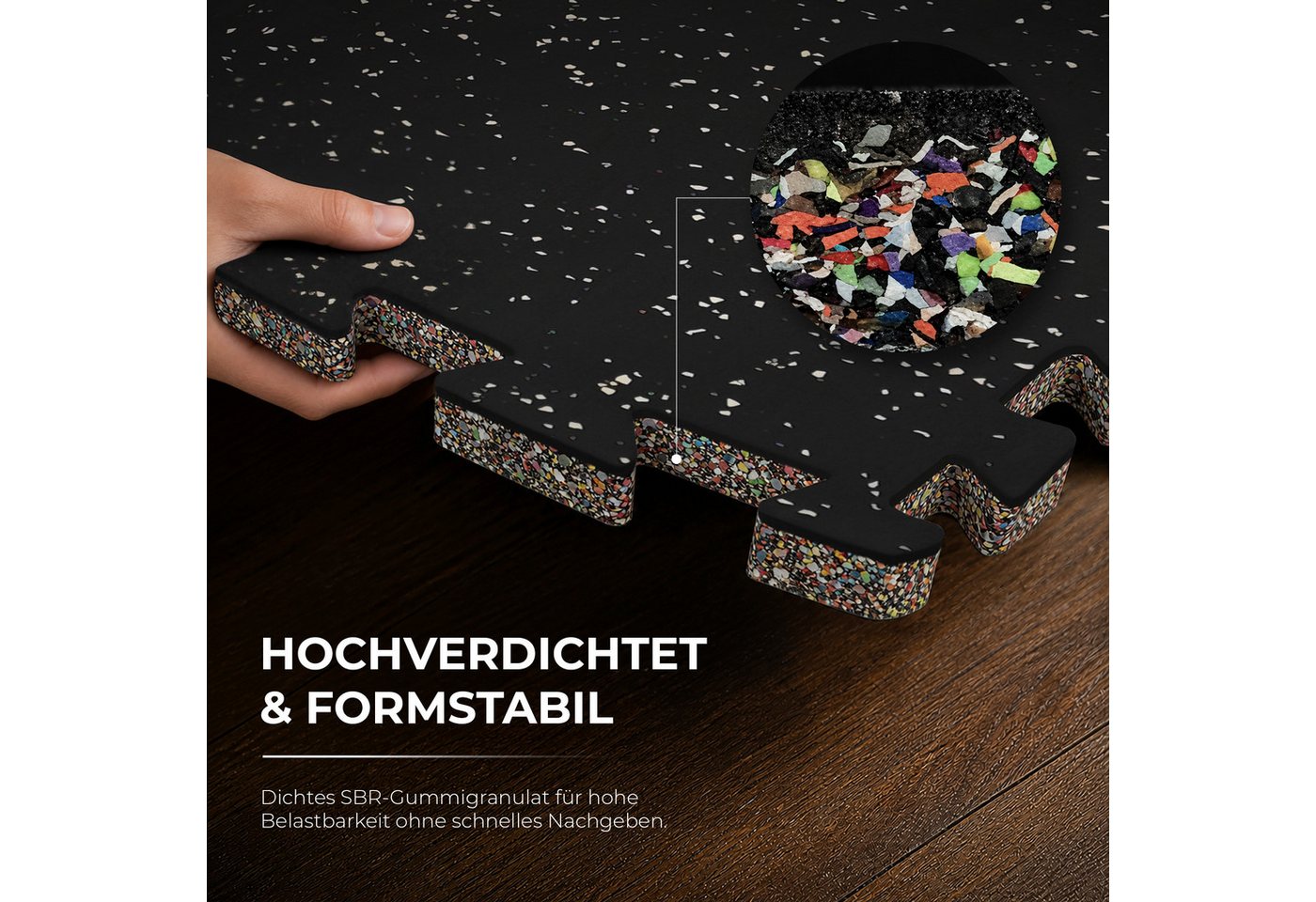 Krafitive Bodenschutzmatte Puzzlematte Fitness Sportboden Schwerlast Schallschutz, 6-St., 6er-Set, 15mm dickes Gummigranulat, bis 200kg belastbar & vibrationsdämpfend. Bild 4