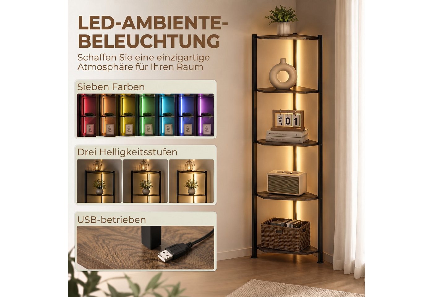 HOMCOM Bücherregal Regal 5 Ebenen Aufbewahrungsregal mit Metallrahmen Rustikal-Braun, Eckregal 2-tlg., LED-Beleuchtung, Eckregal, platzsparend