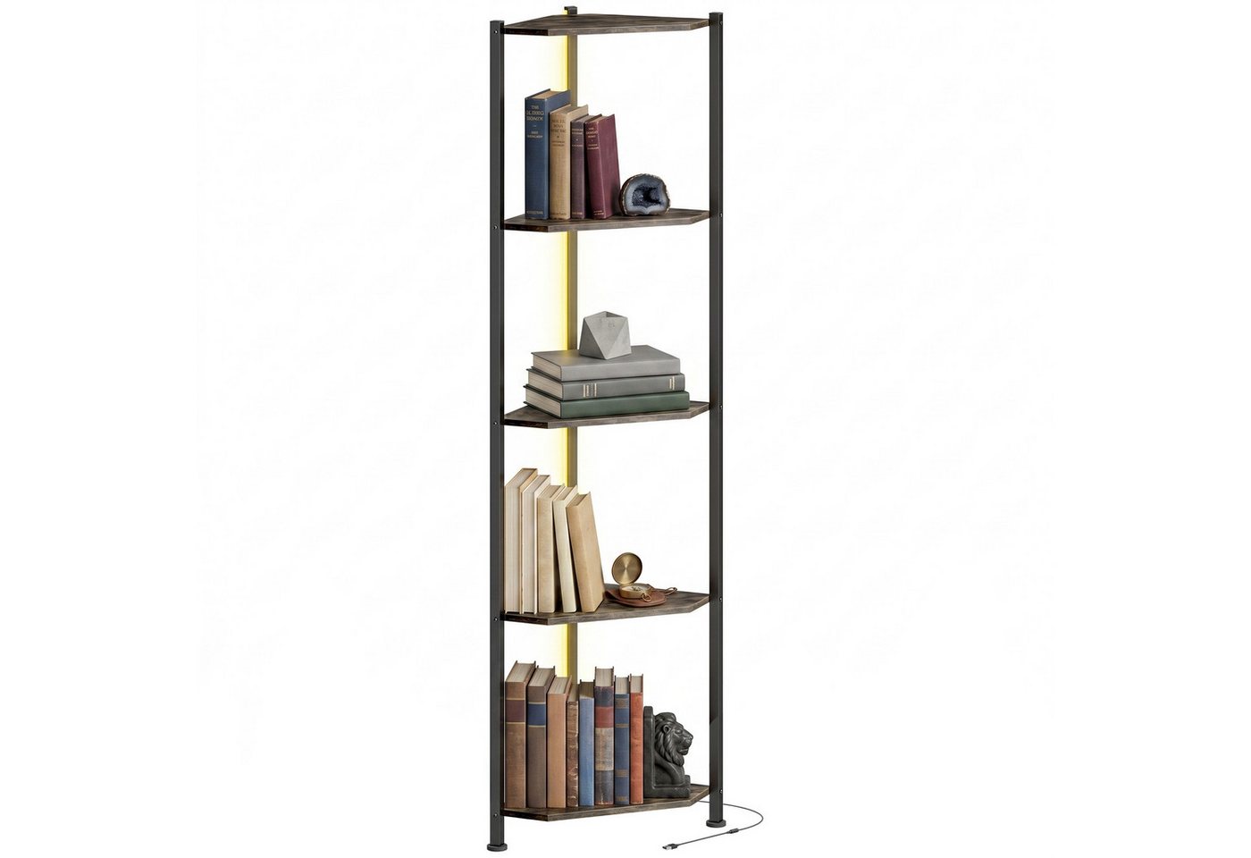 HOMCOM Bücherregal Regal 5 Ebenen Aufbewahrungsregal mit Metallrahmen Rustikal-Braun, Eckregal 2-tlg., LED-Beleuchtung, Eckregal, platzsparend Bild 2