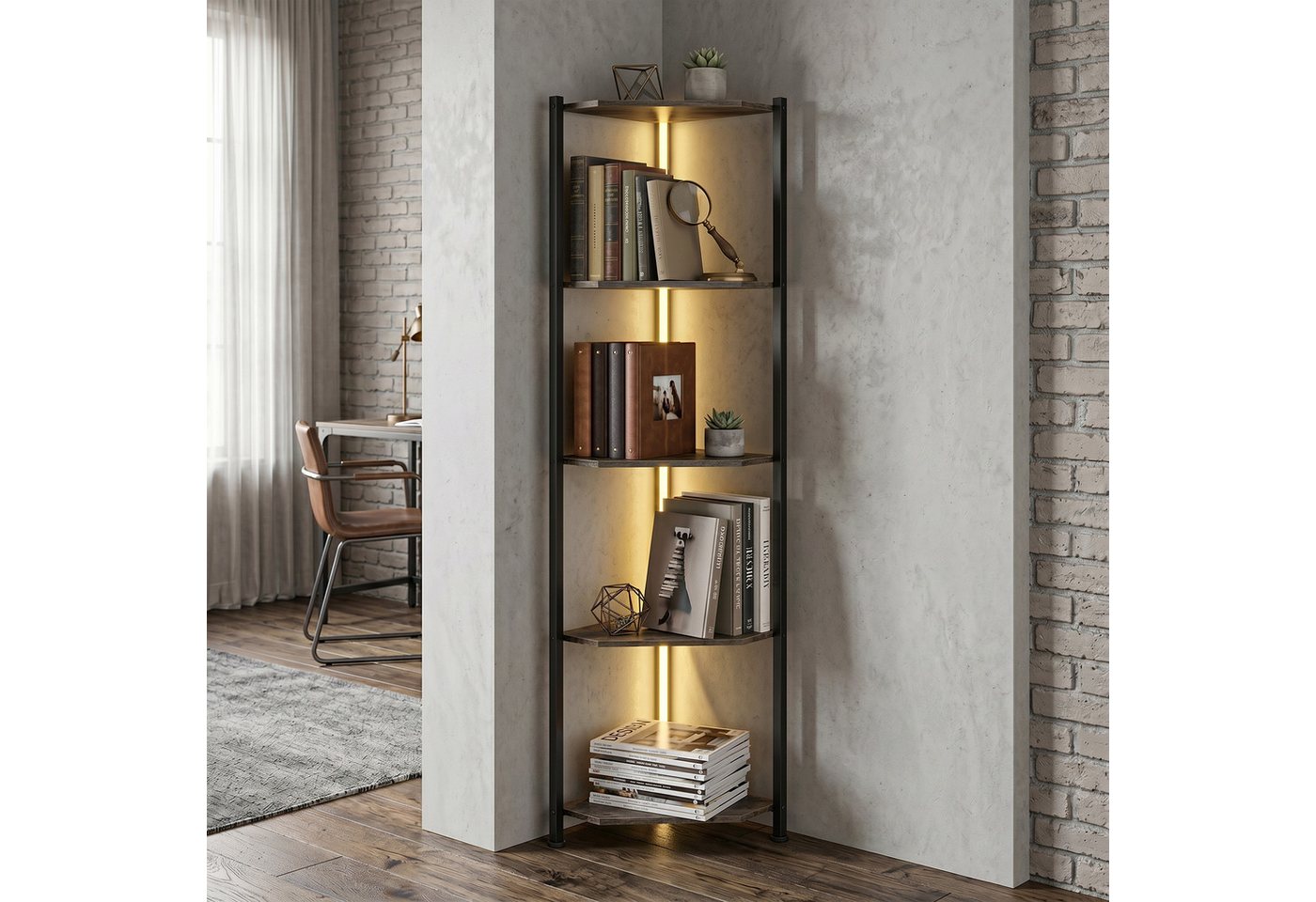 HOMCOM Bücherregal Regal 5 Ebenen Aufbewahrungsregal mit Metallrahmen Rustikal-Braun, Eckregal 2-tlg., LED-Beleuchtung, Eckregal, platzsparend Bild 3