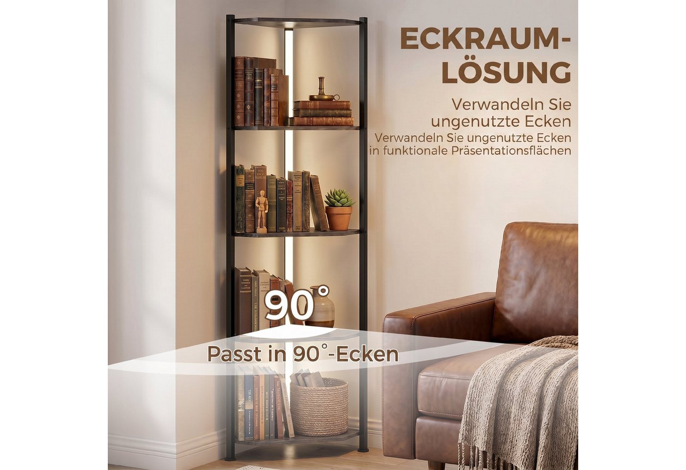 HOMCOM Bücherregal Regal 5 Ebenen Aufbewahrungsregal mit Metallrahmen Rustikal-Braun, Eckregal 2-tlg., LED-Beleuchtung, Eckregal, platzsparend Bild 4