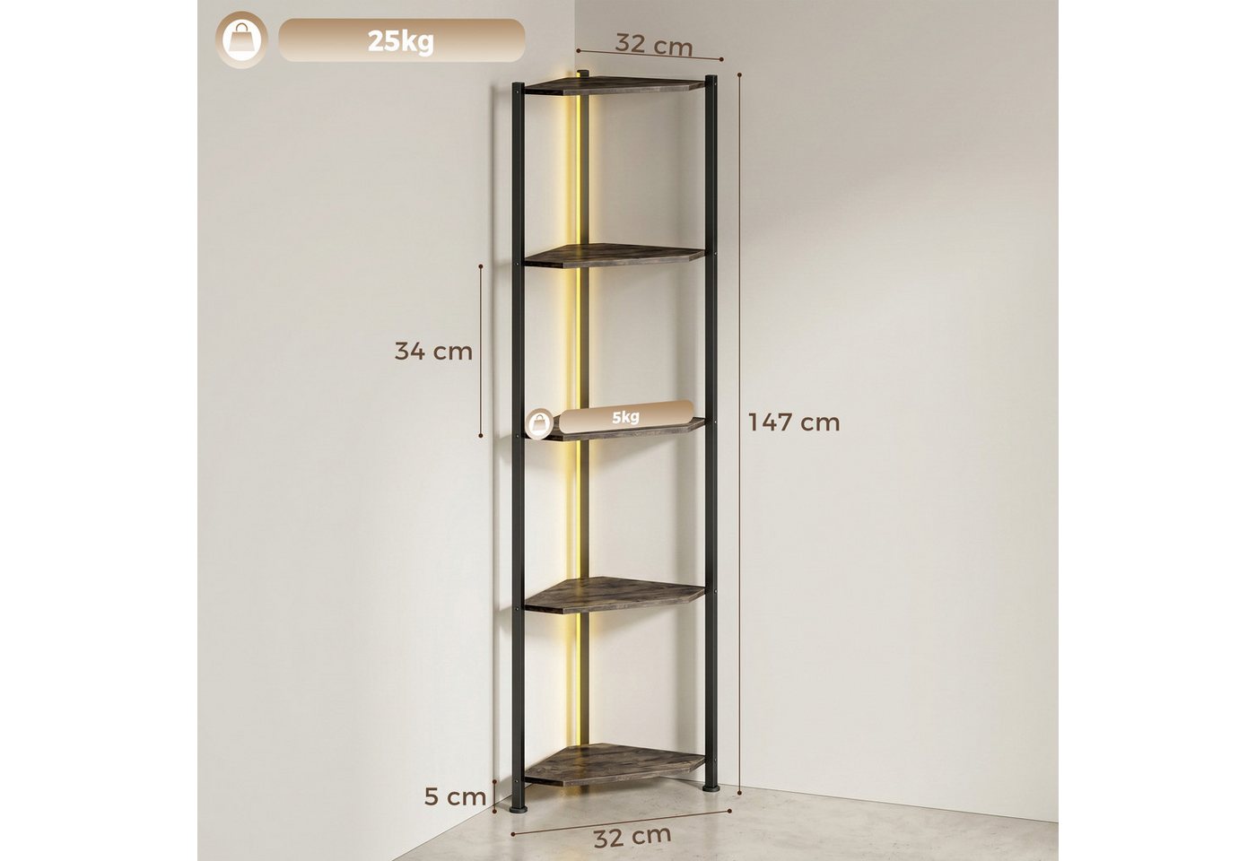 HOMCOM Bücherregal Regal 5 Ebenen Aufbewahrungsregal mit Metallrahmen Rustikal-Braun, Eckregal 2-tlg., LED-Beleuchtung, Eckregal, platzsparend Bild 5