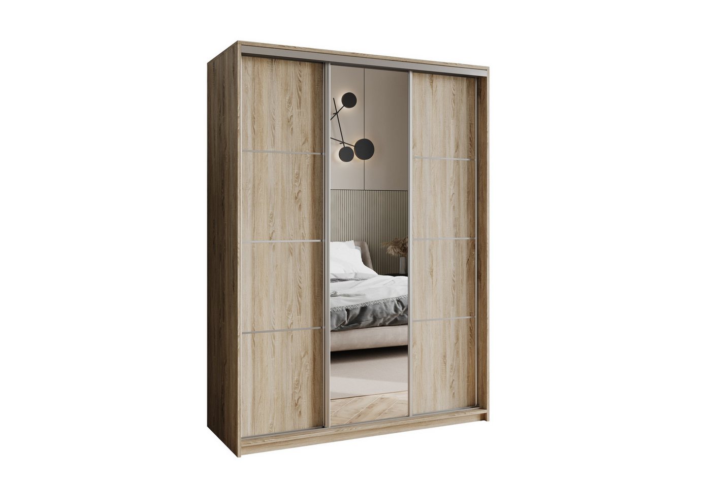 Masseno Schwebetürenschrank VARO 150 cm Kleiderschrank mit Spiegel 3 Türen Eiche Sonoma Bild 2