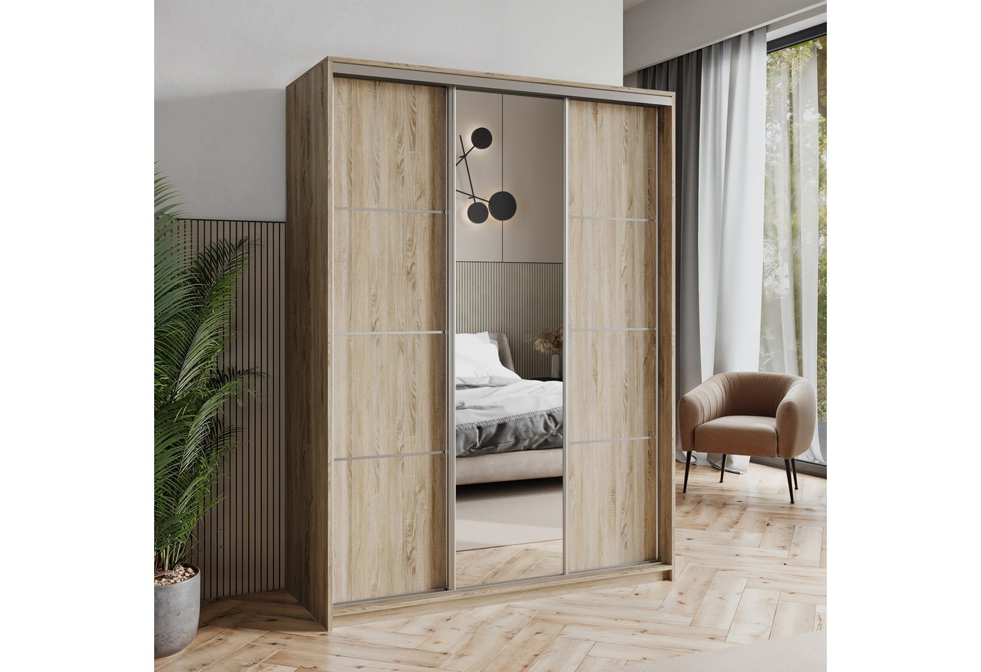 Masseno Schwebetürenschrank VARO 150 cm Kleiderschrank mit Spiegel 3 Türen Eiche Sonoma Bild 4