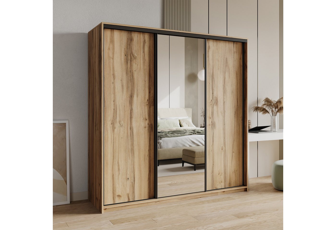 Masseno Schwebetürenschrank TAVI 180 cm Kleiderschrank mit Spiegel 3 Türen Eiche Wotan