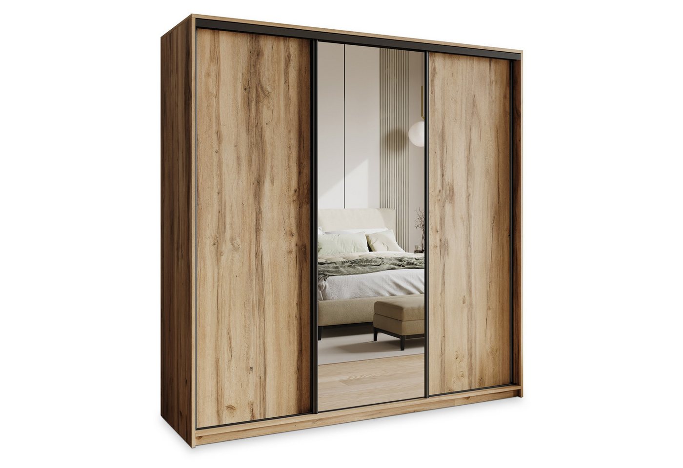 Masseno Schwebetürenschrank TAVI 180 cm Kleiderschrank mit Spiegel 3 Türen Eiche Wotan Bild 2