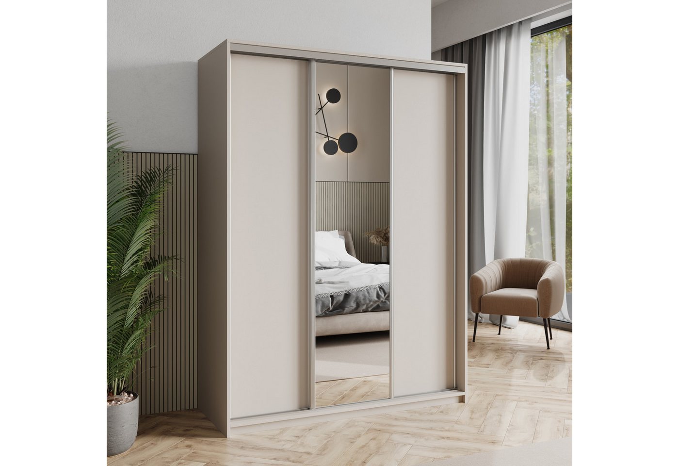 Masseno Schwebetürenschrank TAVI 150 cm Kleiderschrank mit Spiegel 3 Türen Kaschmir Bild 4