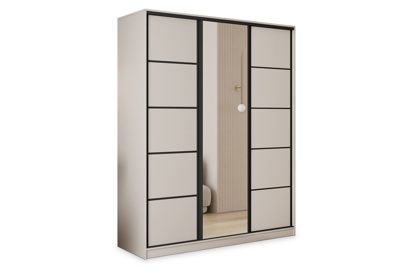 Masseno Schwebetürenschrank PINA 150 cm Kleiderschrank mit Spiegel 3 Türen Kaschmir