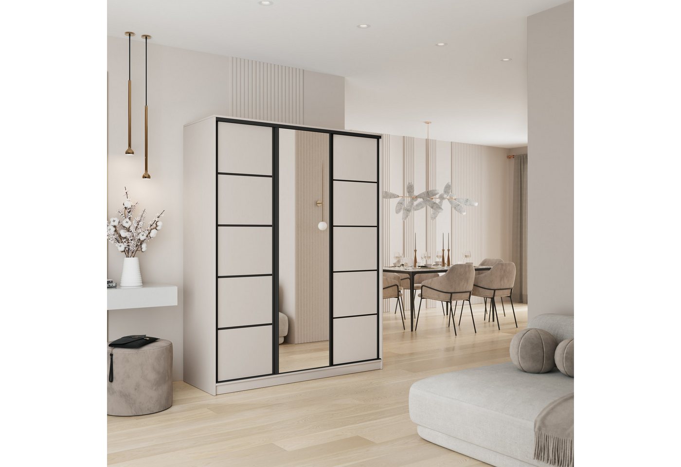 Masseno Schwebetürenschrank PINA 150 cm Kleiderschrank mit Spiegel 3 Türen Kaschmir Bild 2