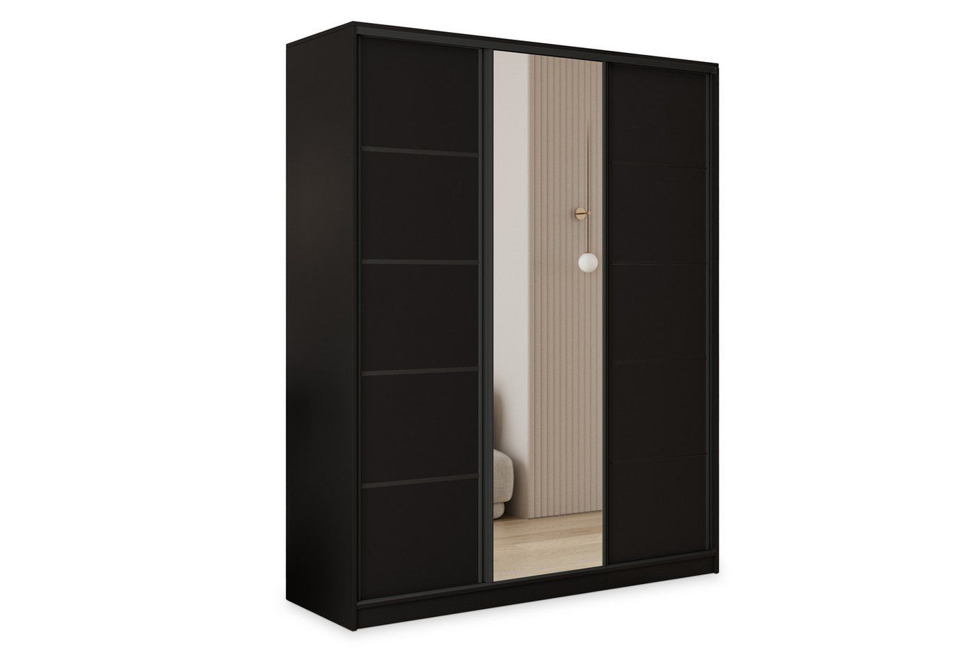 Masseno Schwebetürenschrank PINA 150 cm Kleiderschrank mit Spiegel 3 Türen Schwarz