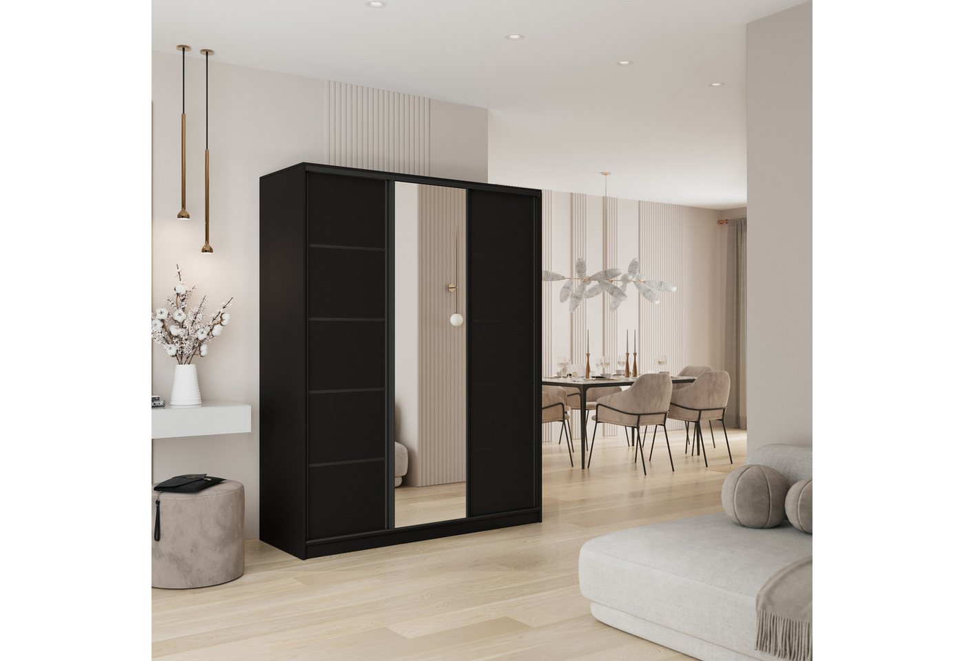 Masseno Schwebetürenschrank PINA 150 cm Kleiderschrank mit Spiegel 3 Türen Schwarz Bild 3