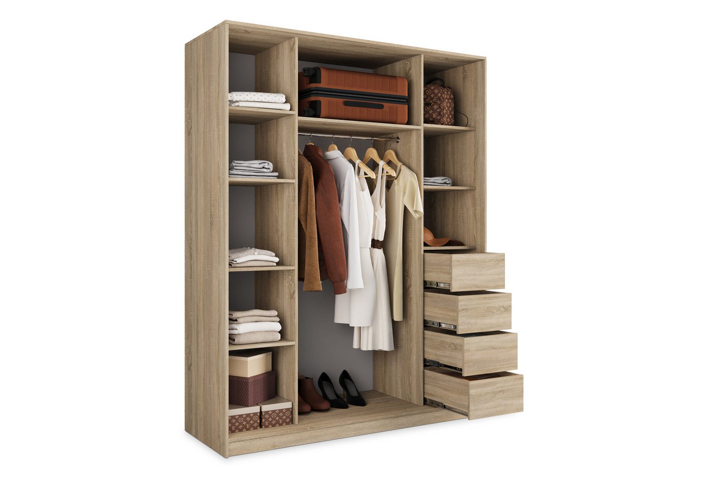 Masseno Schwebetürenschrank PINA 150 cm Kleiderschrank mit Spiegel 3 Türen Eiche Sonoma Bild 2