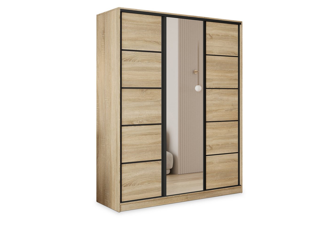Masseno Schwebetürenschrank PINA 150 cm Kleiderschrank mit Spiegel 3 Türen Eiche Sonoma Bild 4