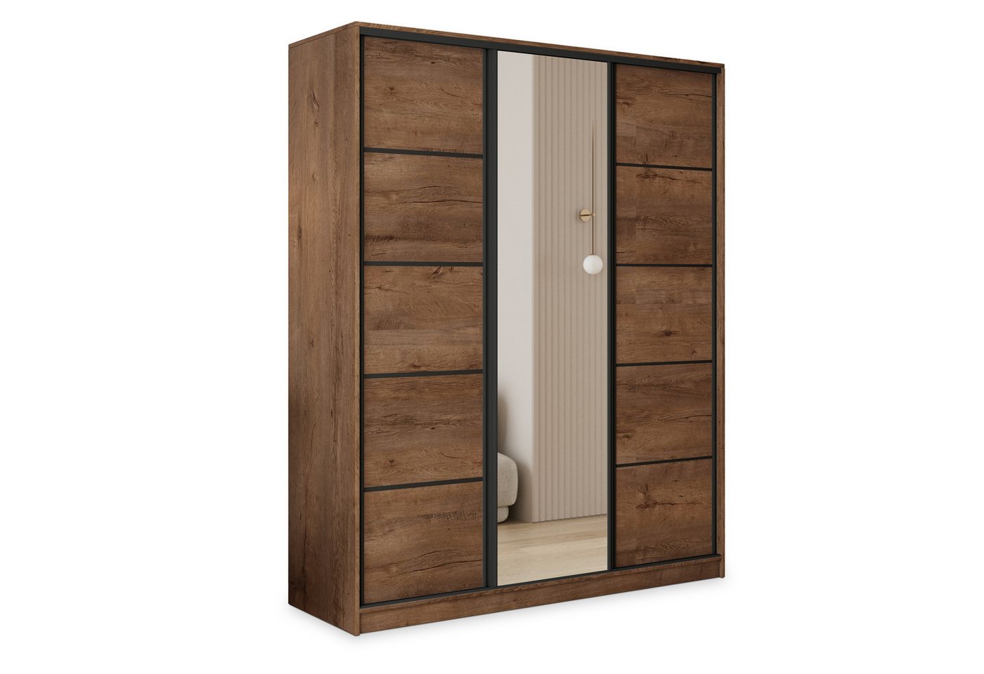Masseno Schwebetürenschrank PINA 150 cm Kleiderschrank mit Spiegel 3 Türen Eiche Lefkas Bild 2