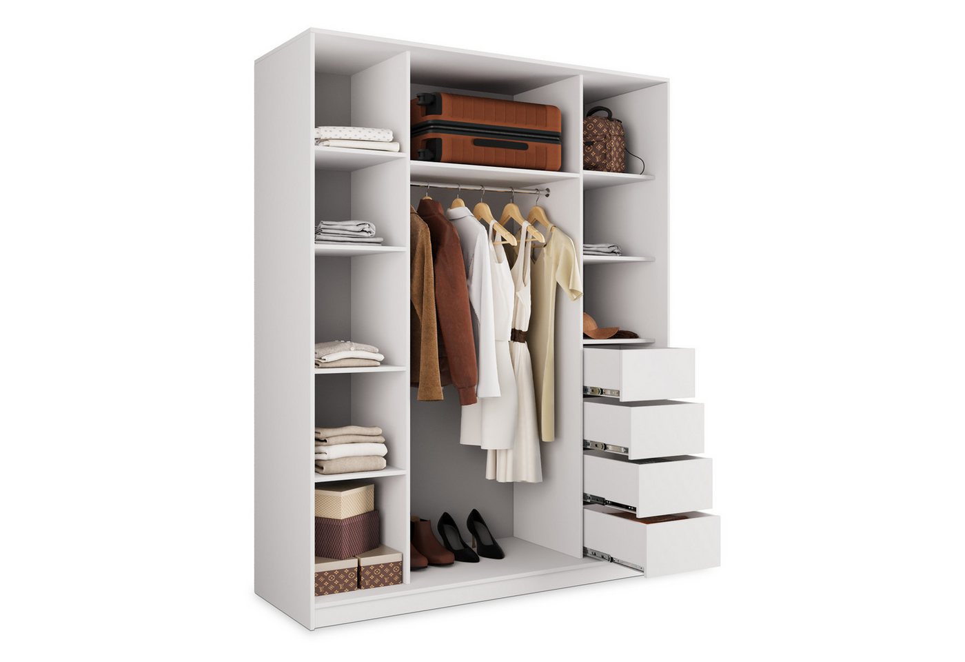 Masseno Schwebetürenschrank PINA 150 cm Kleiderschrank mit Spiegel 3 Türen und 4 Schubladen Weiß
