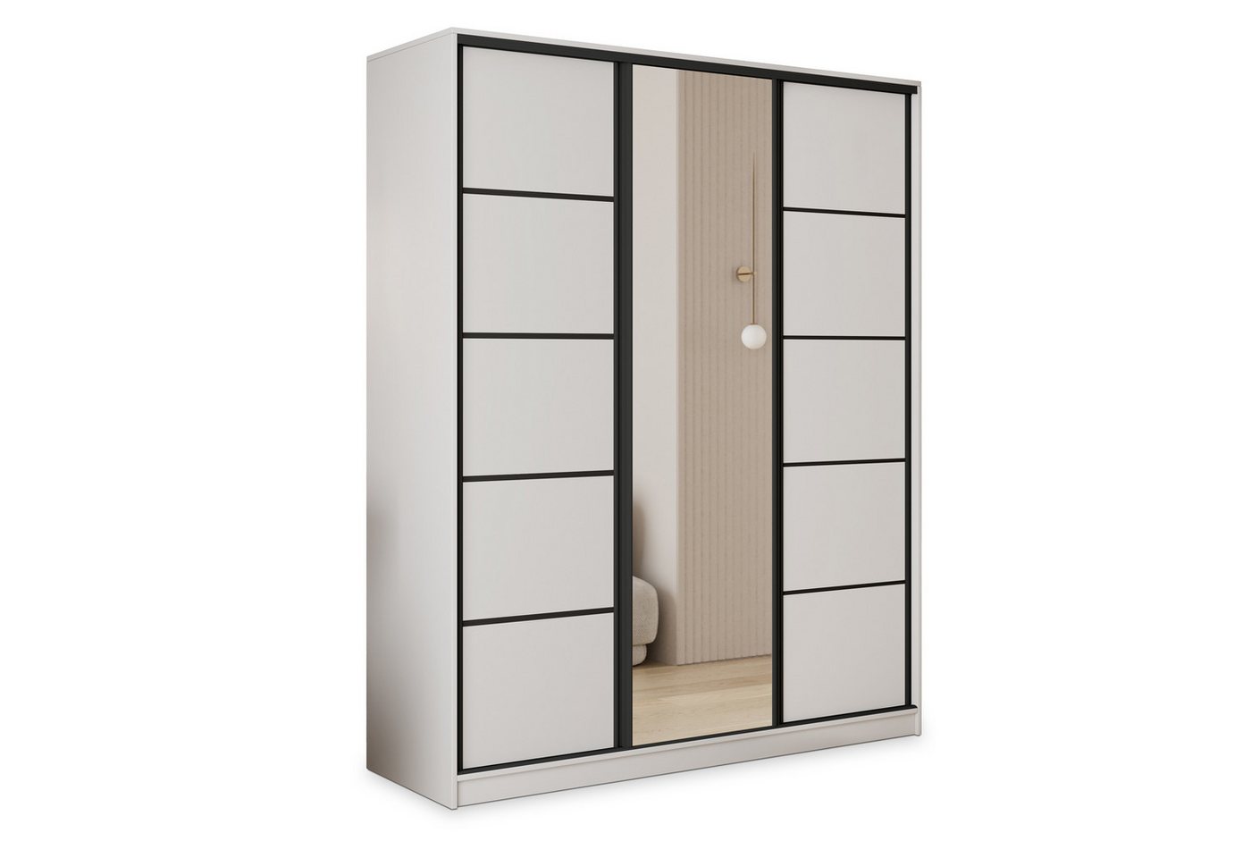 Masseno Schwebetürenschrank PINA 150 cm Kleiderschrank mit Spiegel 3 Türen und 4 Schubladen Weiß Bild 3