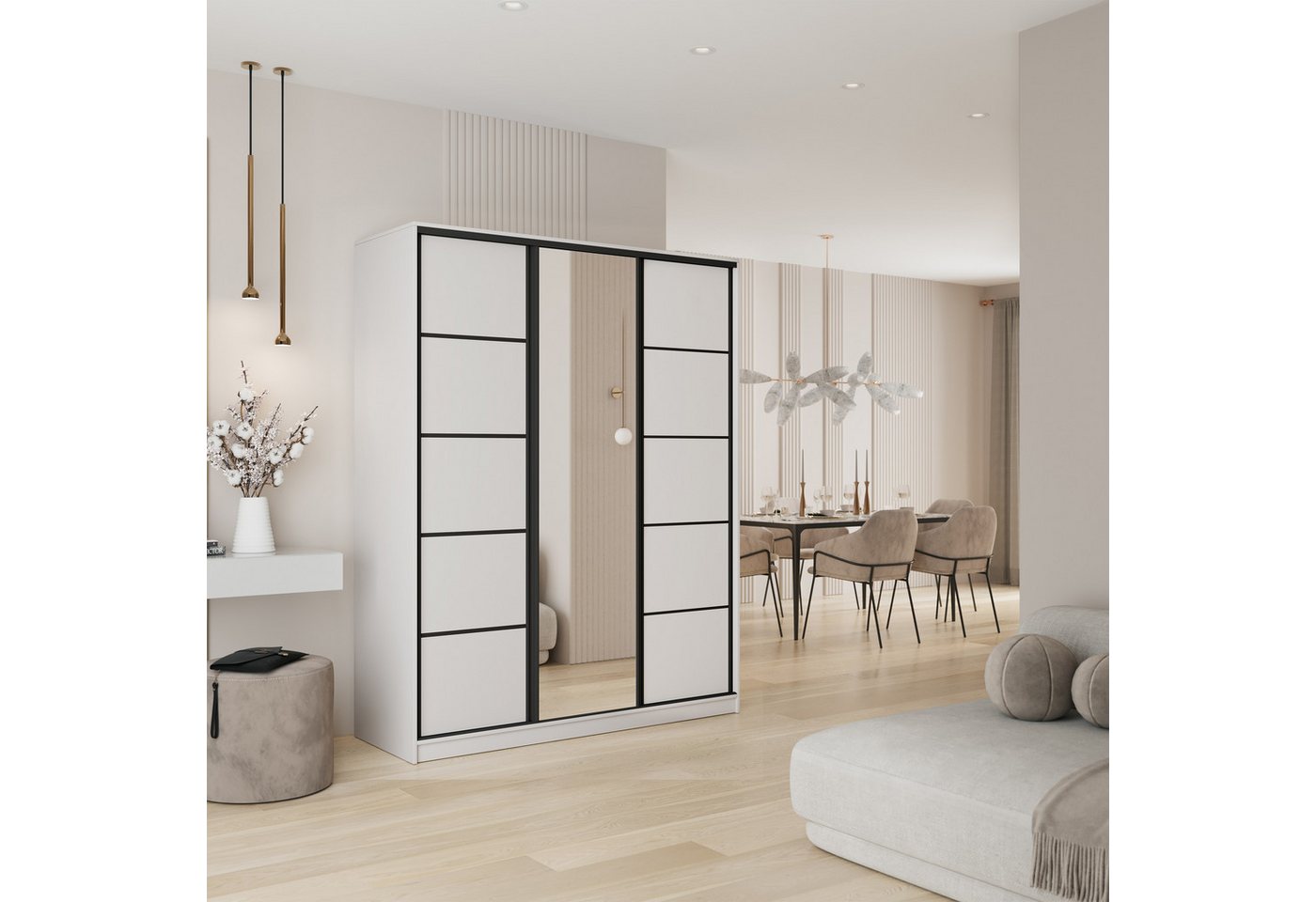 Masseno Schwebetürenschrank PINA 150 cm Kleiderschrank mit Spiegel 3 Türen und 4 Schubladen Weiß Bild 4