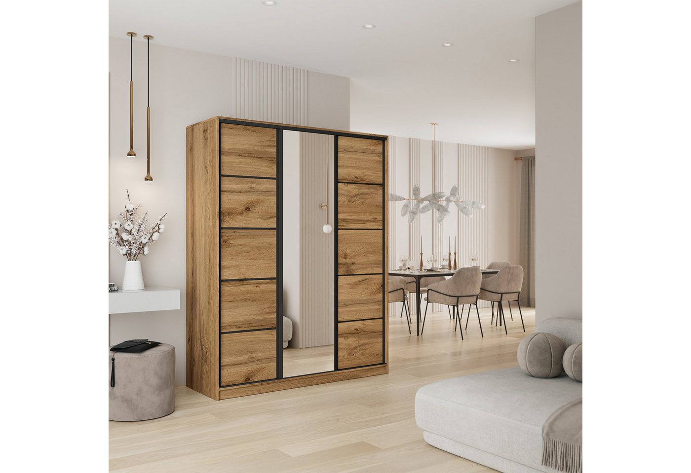 Masseno Schwebetürenschrank PINA 150 cm Kleiderschrank mit Spiegel 3 Türen Eiche Wotan