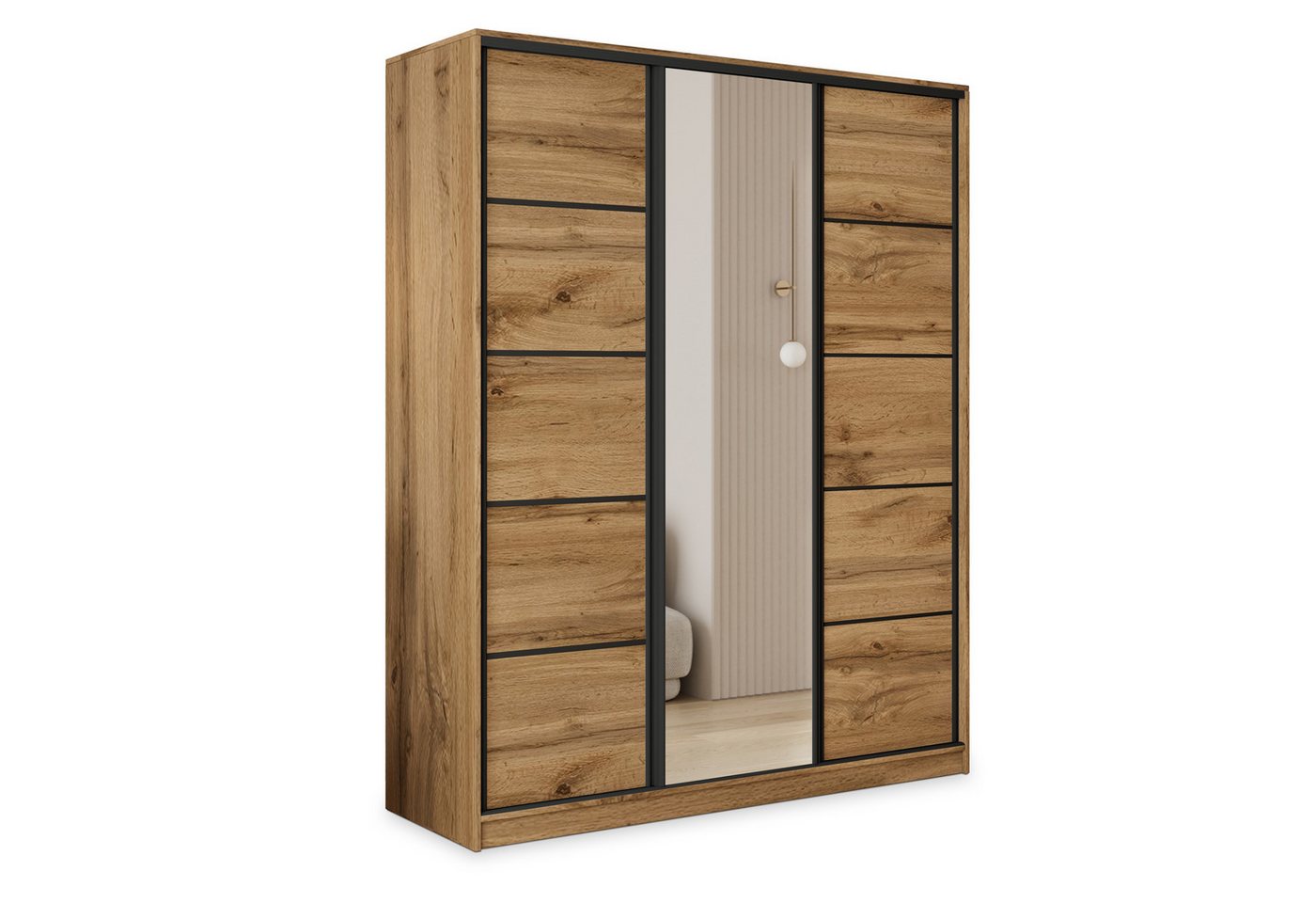 Masseno Schwebetürenschrank PINA 150 cm Kleiderschrank mit Spiegel 3 Türen Eiche Wotan Bild 3
