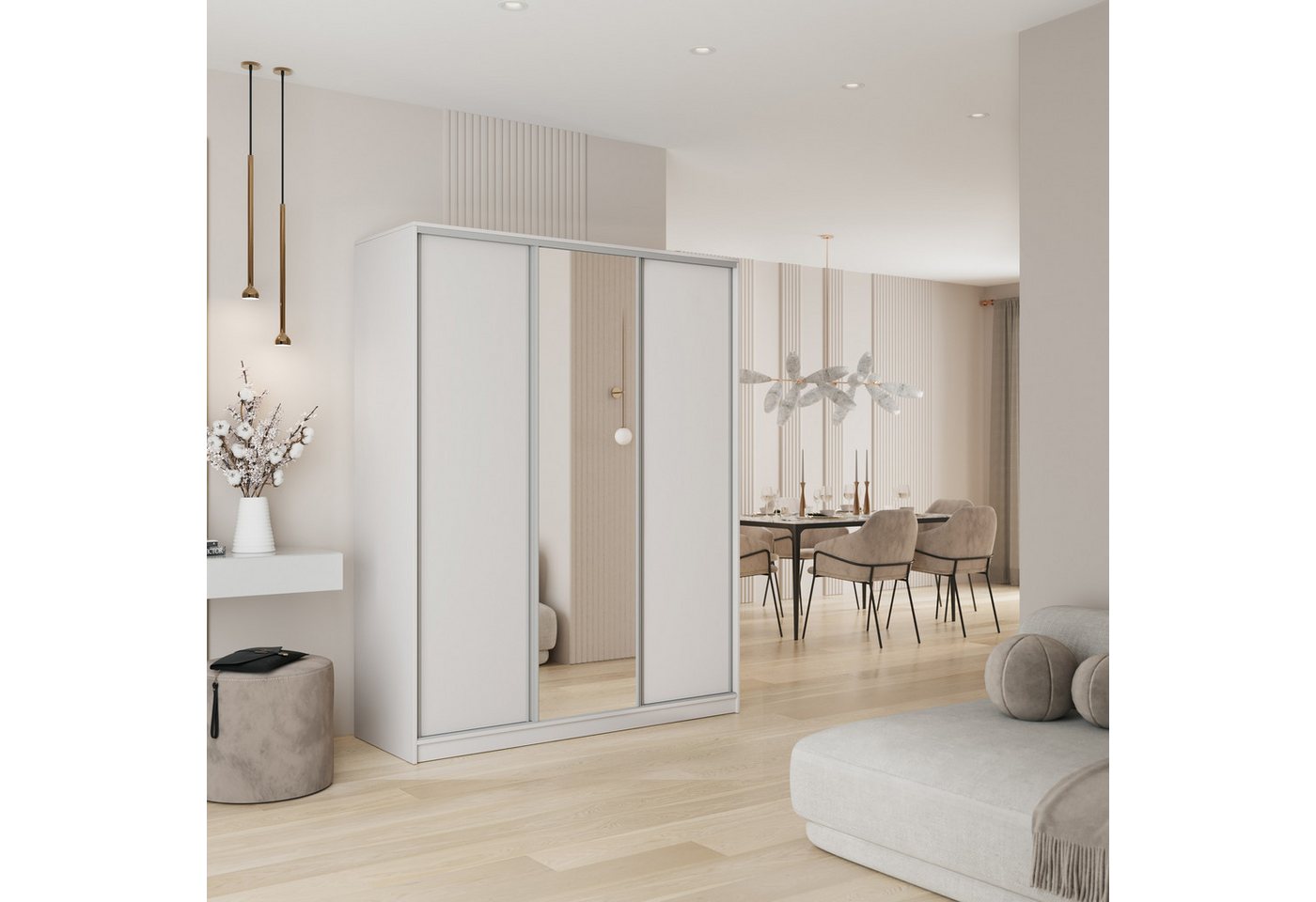 Masseno Schwebetürenschrank TARI 150 cm Kleiderschrank mit Spiegel 3 Türen und 4 Schubladen Weiß