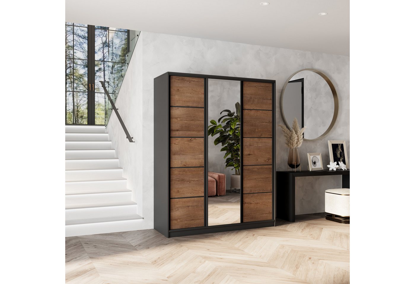 Masseno Schwebetürenschrank NATA 150 cm Kleiderschrank mit Spiegel 3 Türen Eiche Lefkas Bild 2