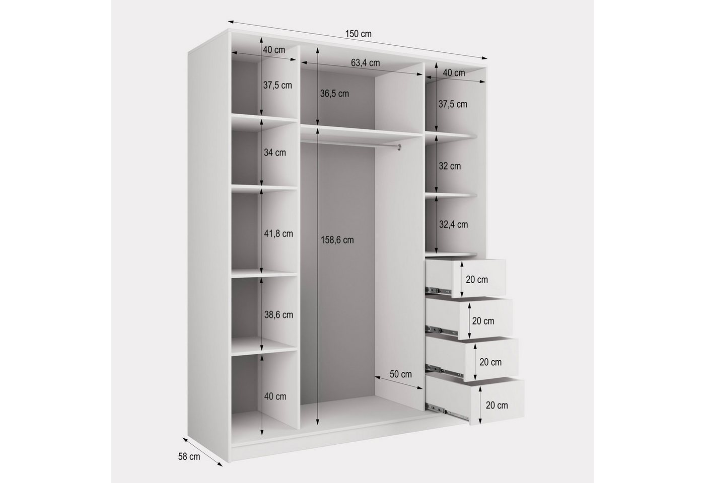 Masseno Schwebetürenschrank NATA 150 cm Kleiderschrank mit Spiegel 3 Türen Eiche Lefkas Bild 3