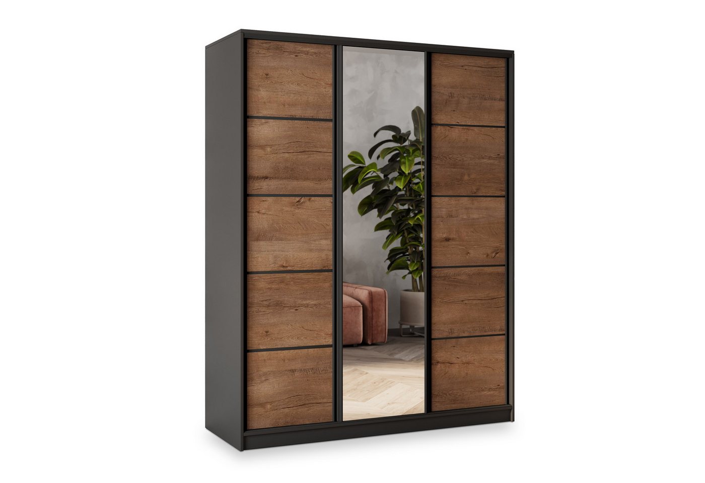 Masseno Schwebetürenschrank NATA 150 cm Kleiderschrank mit Spiegel 3 Türen Eiche Lefkas Bild 4
