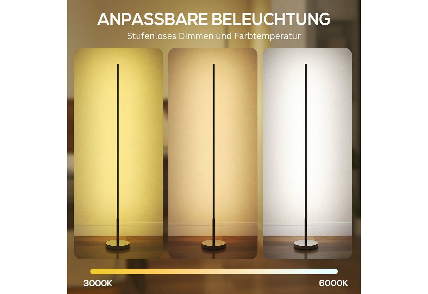 HOMCOM Stehlampe Wohnzimmer Stehlampe mit Fußschalter, Dimmfunktion, Farbwechsel, mehrere Helligkeitsstufen, Timer, LED fest integriert, Farbwechsler, Warmweiß, Kaltweiß, Moderner, dimmbarer LED-Stehleuchte mit Fernbedienung Bild 4
