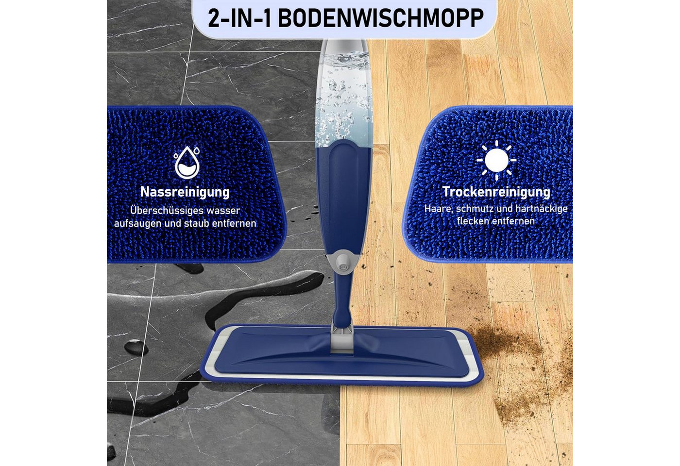HUGERSTONE Sprühwischer 360 Grad Rotierender Wischmopp, Bodenwischer mit 435ml Wassertank (Nass- und Trockenmopp mit 4 Mikrofaserbezug und Schaber) Geeignet für die Reinigung der Meisten Bodenarten Bild 3