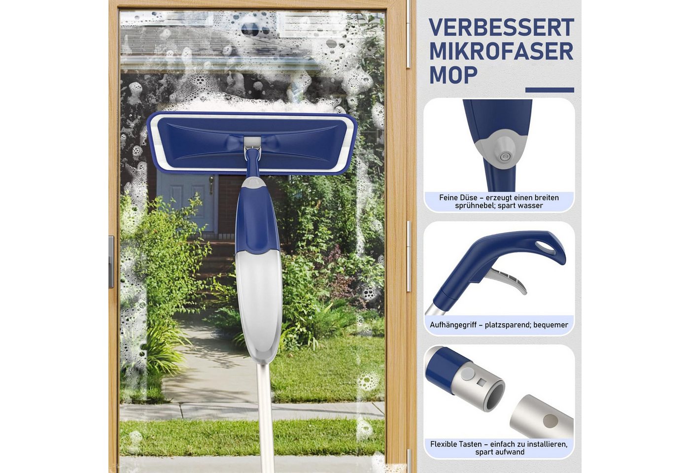 HUGERSTONE Sprühwischer 360 Grad Rotierender Wischmopp, Bodenwischer mit 435ml Wassertank (Nass- und Trockenmopp mit 4 Mikrofaserbezug und Schaber) Geeignet für die Reinigung der Meisten Bodenarten Bild 4