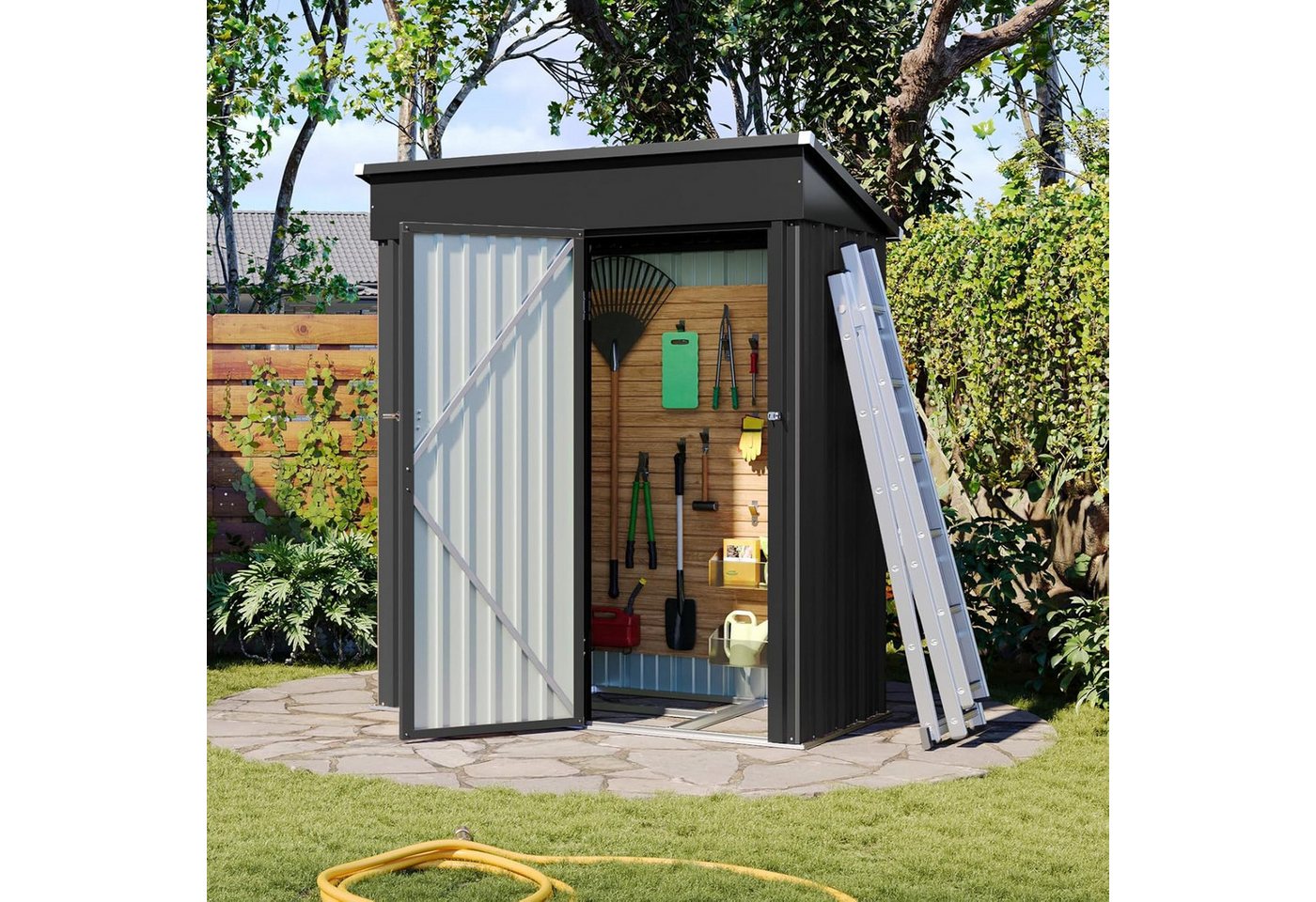 AOXUN Gerätehaus mit Metall 150x91x185cm, Inklusive Bodenrahmen, Schwarz, BxT: 150x88 cm, (1 St), Haken oder Aufbewahrungssysteme anbringen, um Dinge zu organisieren.