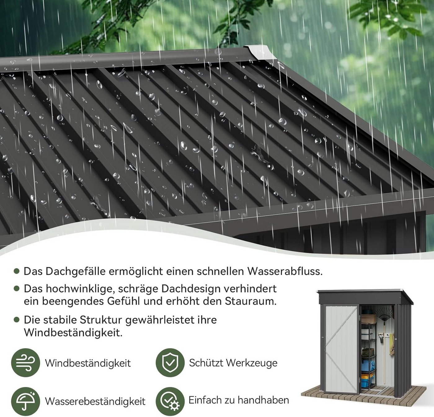 AOXUN Gerätehaus mit Metall 150x91x185cm, Inklusive Bodenrahmen, Schwarz, BxT: 150x88 cm, (1 St), Haken oder Aufbewahrungssysteme anbringen, um Dinge zu organisieren. Bild 2