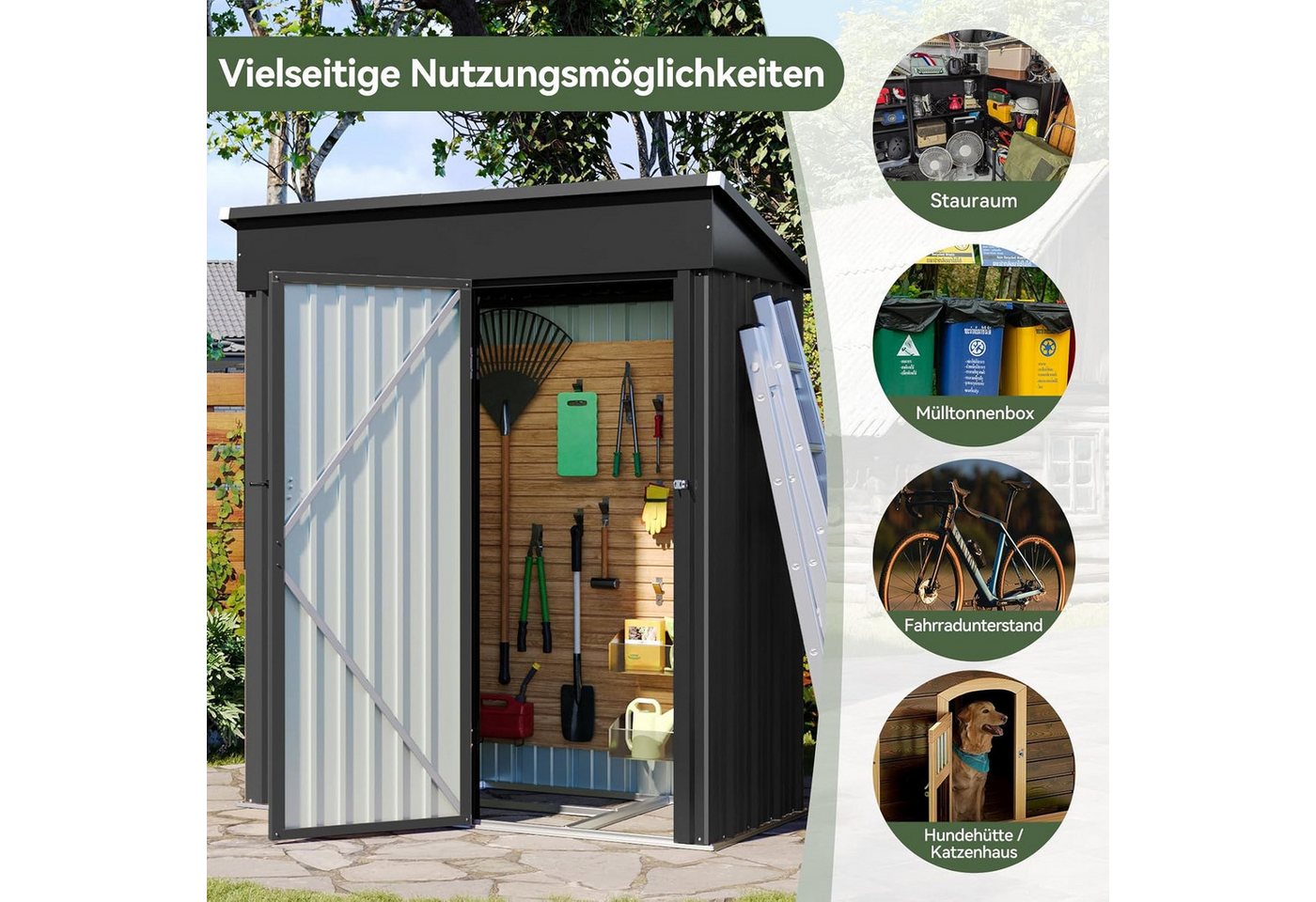 AOXUN Gerätehaus mit Metall 150x91x185cm, Inklusive Bodenrahmen, Schwarz, BxT: 150x88 cm, (1 St), Haken oder Aufbewahrungssysteme anbringen, um Dinge zu organisieren. Bild 3
