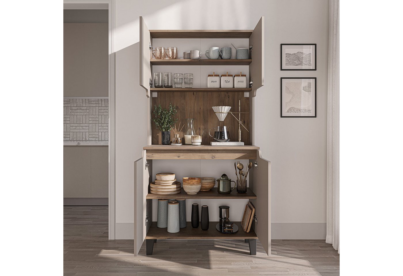 Roomart Küchenbuffet DEFNE mit Nische Kaffeebar Mikrowellenschrank Vorratsschrank, 5 Farben Offene Nische für Kaffeemaschine, 4 Türfächer Bild 2