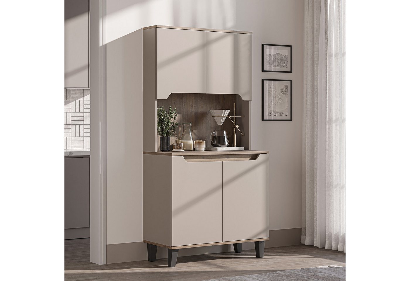 Roomart Küchenbuffet DEFNE mit Nische Kaffeebar Mikrowellenschrank Vorratsschrank, 5 Farben Offene Nische für Kaffeemaschine, 4 Türfächer Bild 3