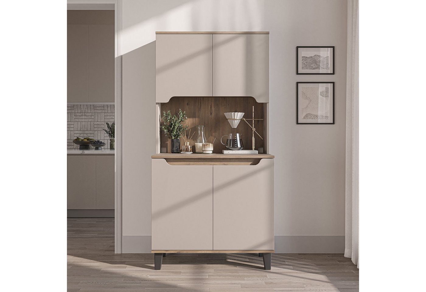 Roomart Küchenbuffet DEFNE mit Nische Kaffeebar Mikrowellenschrank Vorratsschrank, 5 Farben Offene Nische für Kaffeemaschine, 4 Türfächer Bild 4