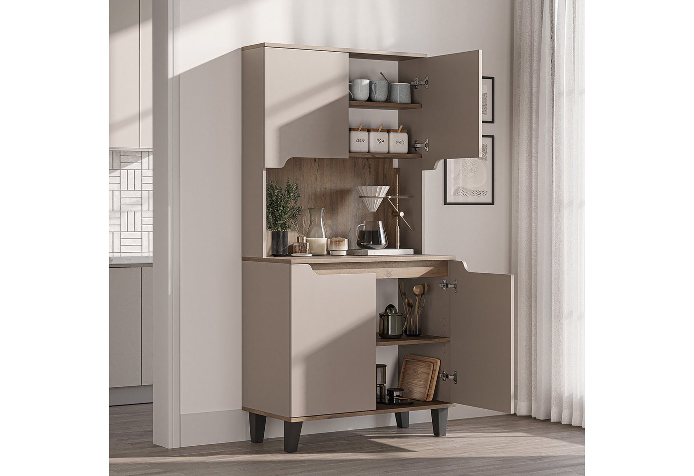 Roomart Küchenbuffet DEFNE mit Nische Kaffeebar Mikrowellenschrank Vorratsschrank, 5 Farben Offene Nische für Kaffeemaschine, 4 Türfächer Bild 5
