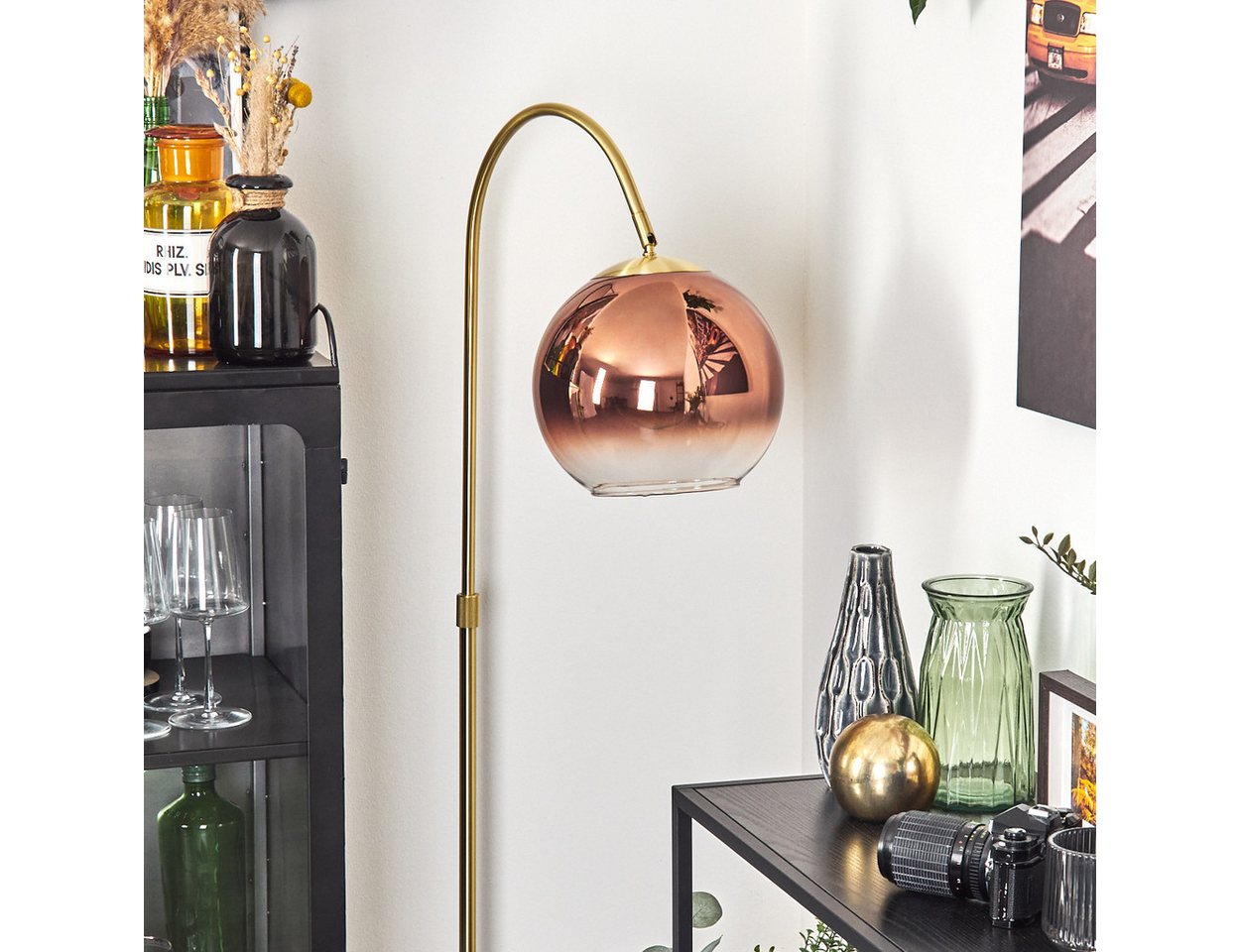 hofstein Bogenlampe Stehlampe aus Metall/Glas in Messing-/Kupferfarben/Klar, ohne Leuchtmittel, Retro/Industrial-Design mit Glasschirm (25cm), Fußschalter, 1 x E27