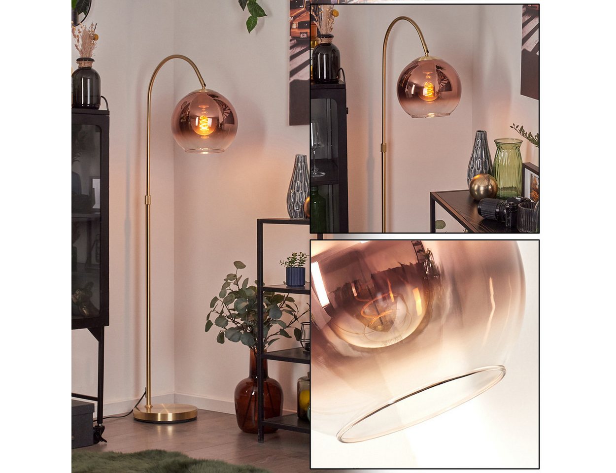 hofstein Bogenlampe Stehlampe aus Metall/Glas in Messing-/Kupferfarben/Klar, ohne Leuchtmittel, Retro/Industrial-Design mit Glasschirm (25cm), Fußschalter, 1 x E27 Bild 3