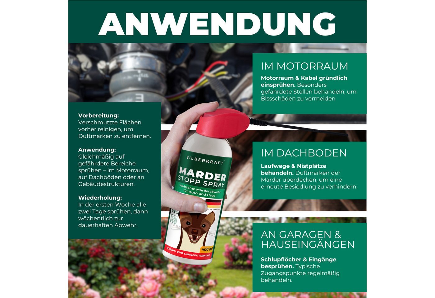 Silberkraft Marderspray Silberkraft Marder Stopp Spray, Sofort- & Langzeitschutz gegen Marder, 400 ml, 1-St., Verhindert Marderbisse an Kabeln & Schläuchen, für Abwehr