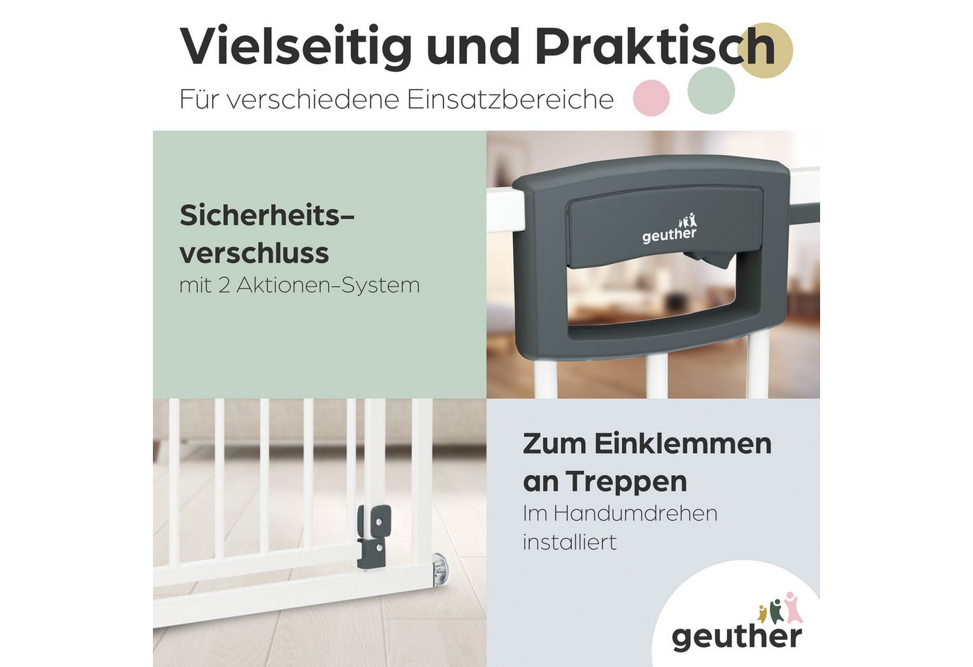 Geuther Türschutzgitter Treppenschutzgitter Easylock 84,5-92,5 cm in Weiß mit Zusatzklemmen, Treppenschutzgitter zum Klemmen - inkl. Türstopper